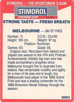 1990 AFL Scanlens Stimorol #39 Jim Stynes Back